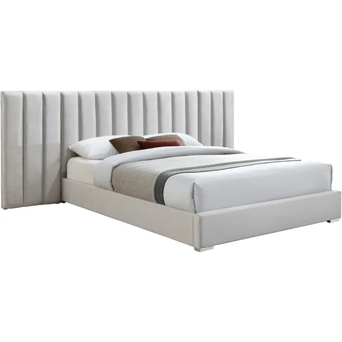 E-Furniture Luxury Upholstered Bed with Velvet Headboard, Teak Wood Frame