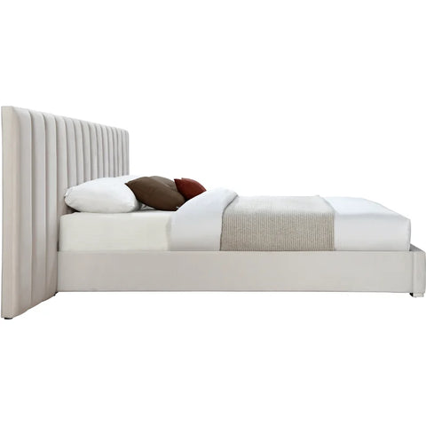 E-Furniture Luxury Upholstered Bed with Velvet Headboard, Teak Wood Frame
