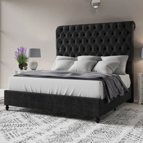 Jocisland King Size Upholstered Bed with Sleigh Headboard and Button Tufting