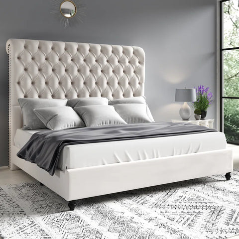 Jocisland Upholstered King Size Bed Frame with Sleigh Headboard and Button Tufting