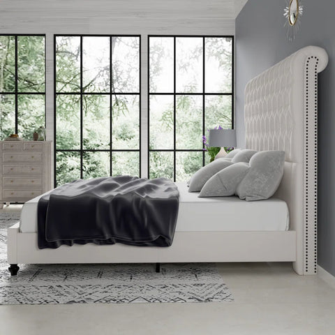 Jocisland Upholstered Queen Size Bed Frame with Sleigh Headboard and Button Tufting