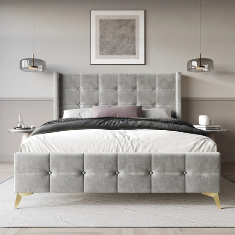 E-Furniture Light Grey Queen size Upholstered Fabric Bed Frame – Contemporary Design