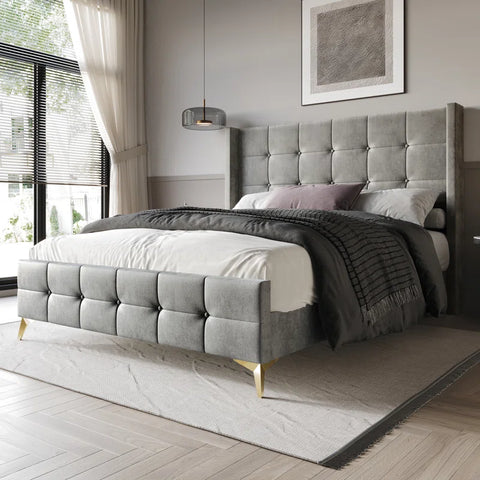E-Furniture Light Grey Queen size Upholstered Fabric Bed Frame – Contemporary Design