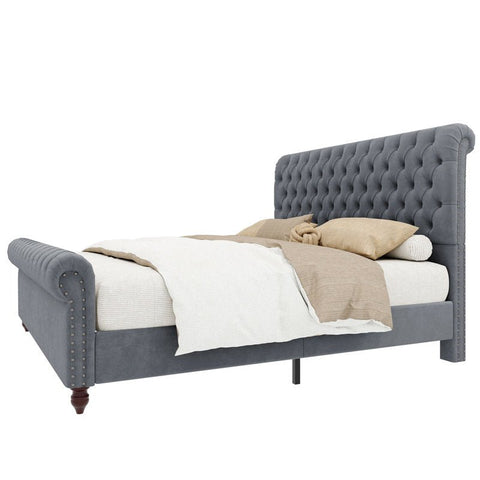 E-FURNITURE June Upholstered bed In queen and King size Grey color Queen