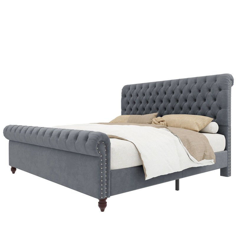 E-FURNITURE June Upholstered bed In queen and King size Grey color Queen