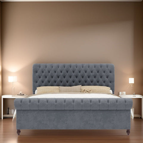 E-FURNITURE June Upholstered bed In queen and King size Grey color Queen