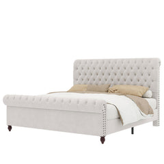 E-Furniture Turunen and King size Non storage upholstered bed in Cream color