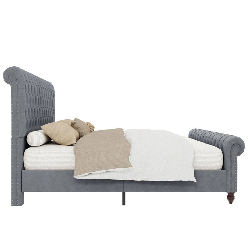E-FURNITURE June Upholstered bed In queen and King size Grey color Queen