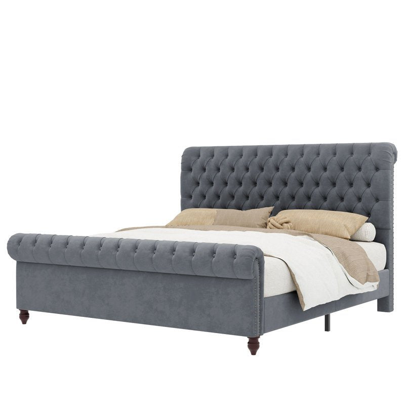 E-FURNITURE June Upholstered bed In queen and King size Grey color Queen