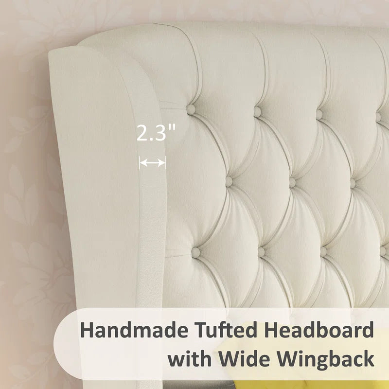 E-Furniture King Size Velvet Upholstered Sleigh Bed with Tufted Headboard & Footboard, Curved Design, Cream color