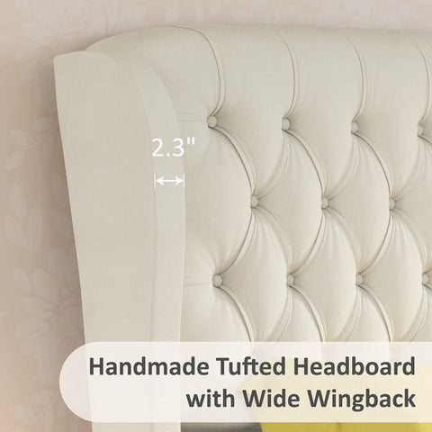 E-Furniture King Size Velvet Upholstered Sleigh Bed with Tufted Headboard & Footboard, Curved Design, Cream color