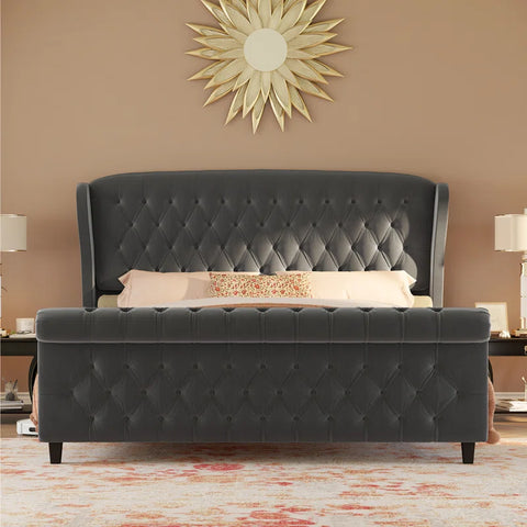 E-Furniture King Size Velvet Upholstered Sleigh Bed with Tufted Headboard & Footboard, Curved Design, In grey Color