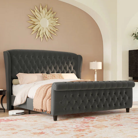 E-Furniture King Size Velvet Upholstered Sleigh Bed with Tufted Headboard & Footboard, Curved Design, In grey Color