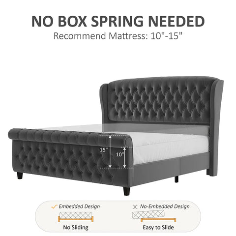 E-Furniture King Size Velvet Upholstered Sleigh Bed with Tufted Headboard & Footboard, Curved Design, In grey Color