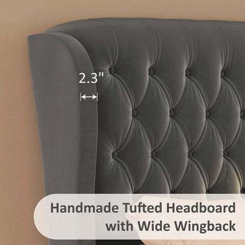 E-Furniture King Size Velvet Upholstered Sleigh Bed with Tufted Headboard & Footboard, Curved Design, In grey Color