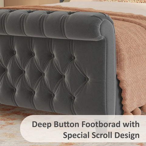 E-Furniture King Size Velvet Upholstered Sleigh Bed with Tufted Headboard & Footboard, Curved Design, In grey Color