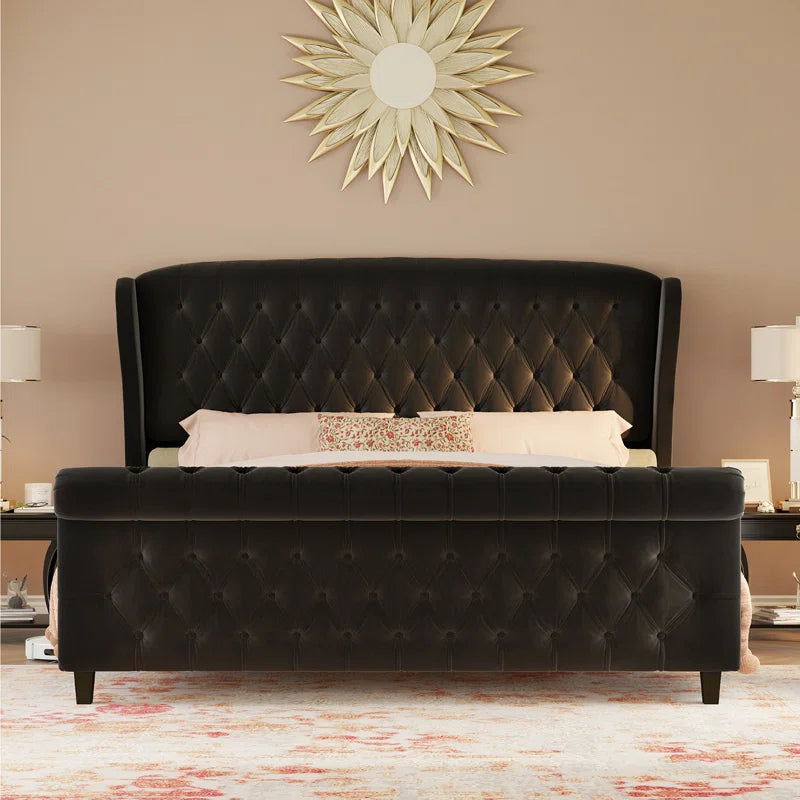 E-Furniture King Size Velvet Upholstered Sleigh Bed with Tufted Headboard & Footboard, Curved Design, Wood Slats,