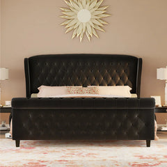 E-Furniture King Size Velvet Upholstered Sleigh Bed with Tufted Headboard & Footboard, Curved Design, Wood Slats,