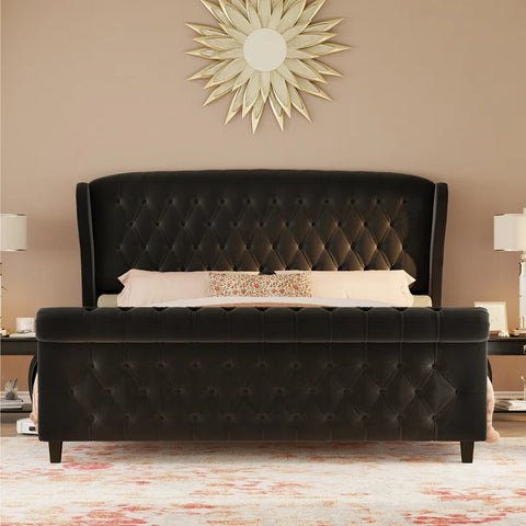 E-Furniture Queen Size Velvet Upholstered Sleigh Bed with Tufted Headboard & Footboard, Curved Design, Wood Slats,