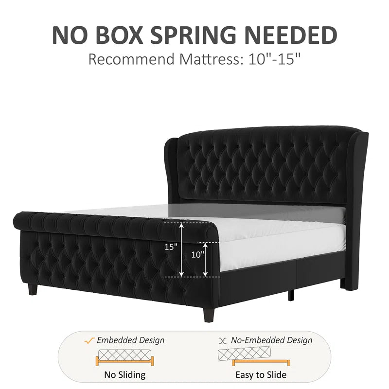E-Furniture Queen Size Velvet Upholstered Sleigh Bed with Tufted Headboard & Footboard, Curved Design, Wood Slats,