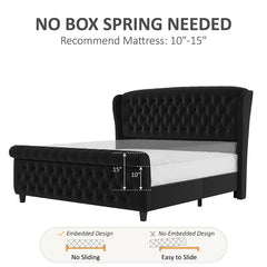 E-Furniture King Size Velvet Upholstered Sleigh Bed with Tufted Headboard & Footboard, Curved Design, Wood Slats,