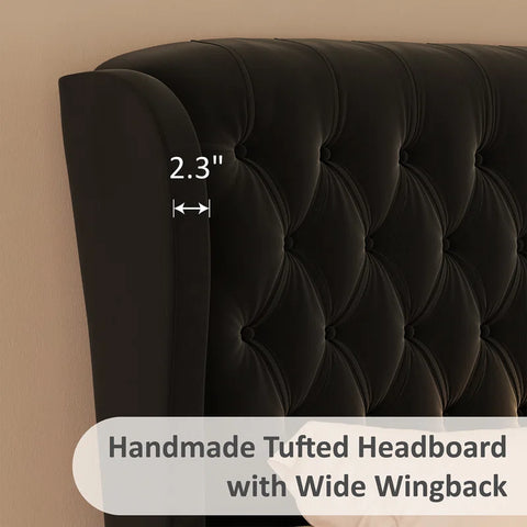 E-Furniture King Size Velvet Upholstered Sleigh Bed with Tufted Headboard & Footboard, Curved Design, Wood Slats,