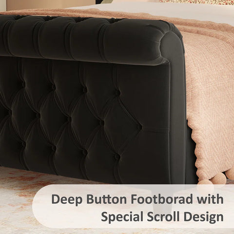 E-Furniture King Size Velvet Upholstered Sleigh Bed with Tufted Headboard & Footboard, Curved Design, Wood Slats,