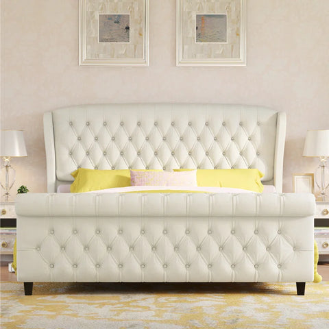 E-Furniture King Size Velvet Upholstered Sleigh Bed with Tufted Headboard & Footboard, Curved Design, Cream color