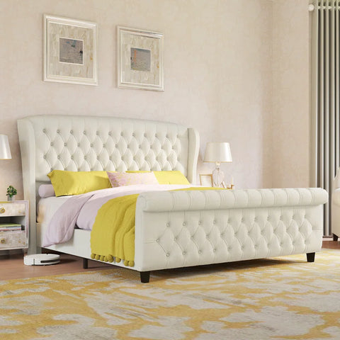 E-Furniture Queen Size Velvet Upholstered Sleigh Bed with Tufted Headboard & Footboard, Curved Design, Cream color
