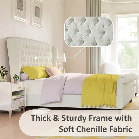E-Furniture King Size Velvet Upholstered Sleigh Bed with Tufted Headboard & Footboard, Curved Design, Cream color