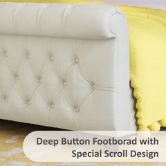 E-Furniture King Size Velvet Upholstered Sleigh Bed with Tufted Headboard & Footboard, Curved Design, Cream color