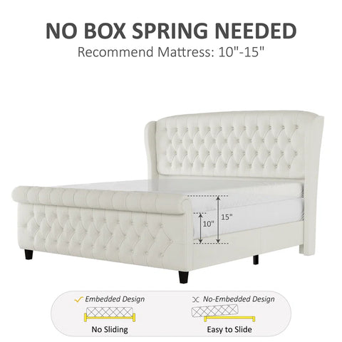 E-Furniture King Size Velvet Upholstered Sleigh Bed with Tufted Headboard & Footboard, Curved Design, Cream color