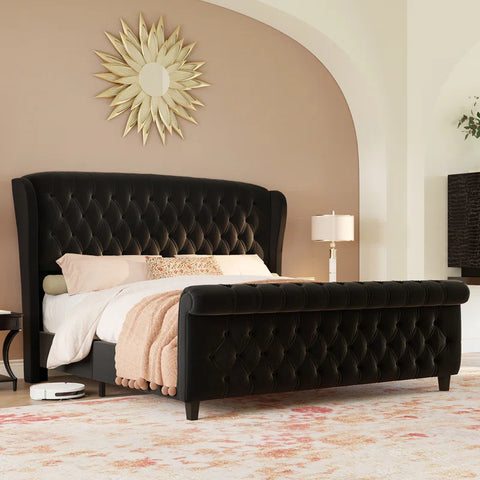 E-Furniture Queen Size Velvet Upholstered Sleigh Bed with Tufted Headboard & Footboard, Curved Design, Wood Slats,