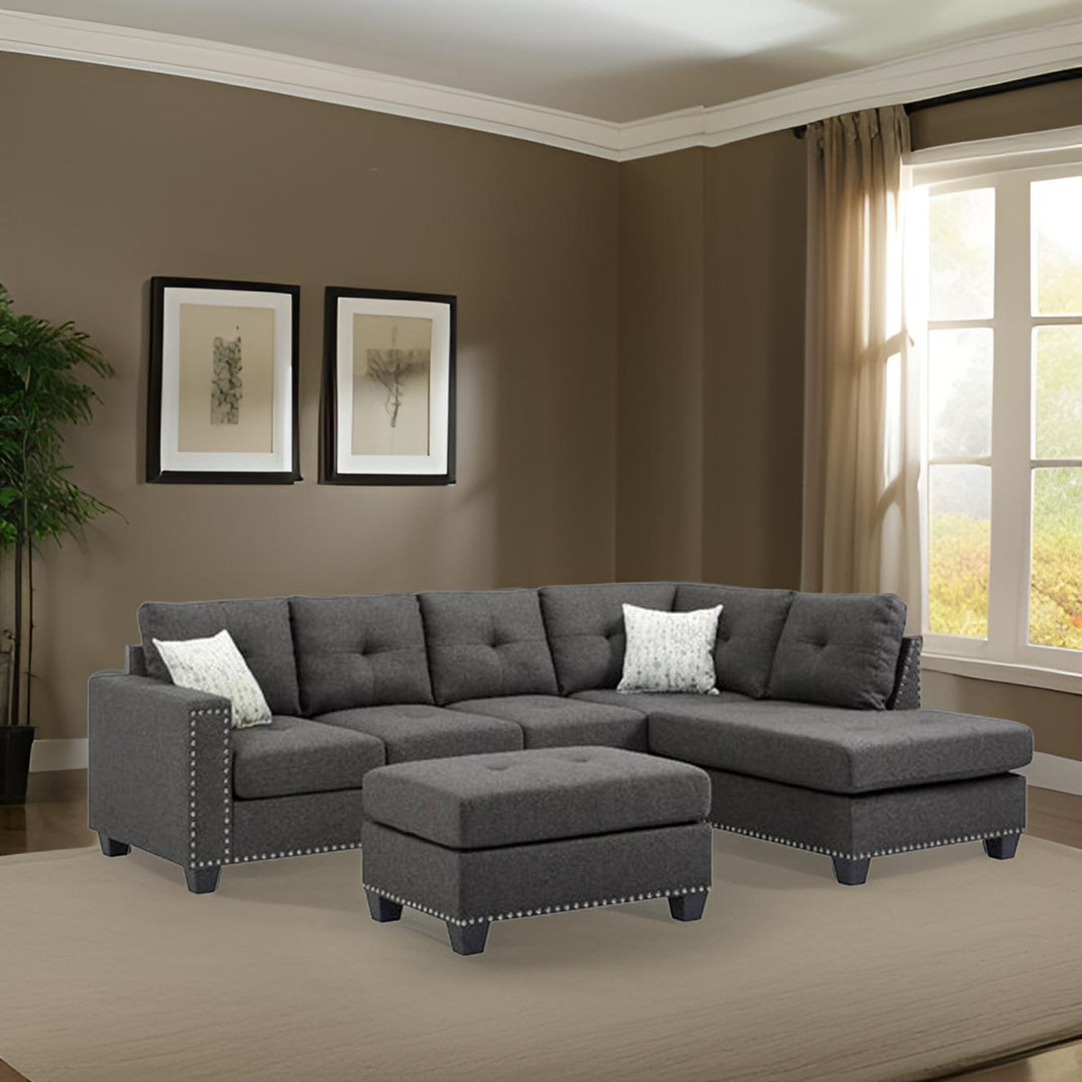 E-Furniture | Metropolitan Luxe Sectional with Ottoman, Charcoal Gray