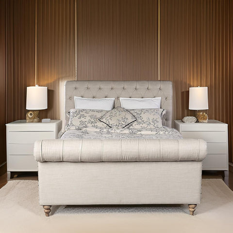 E-Furniture | Cambridge Luxe Upholstered Queen Size Bed, Antique Beige
