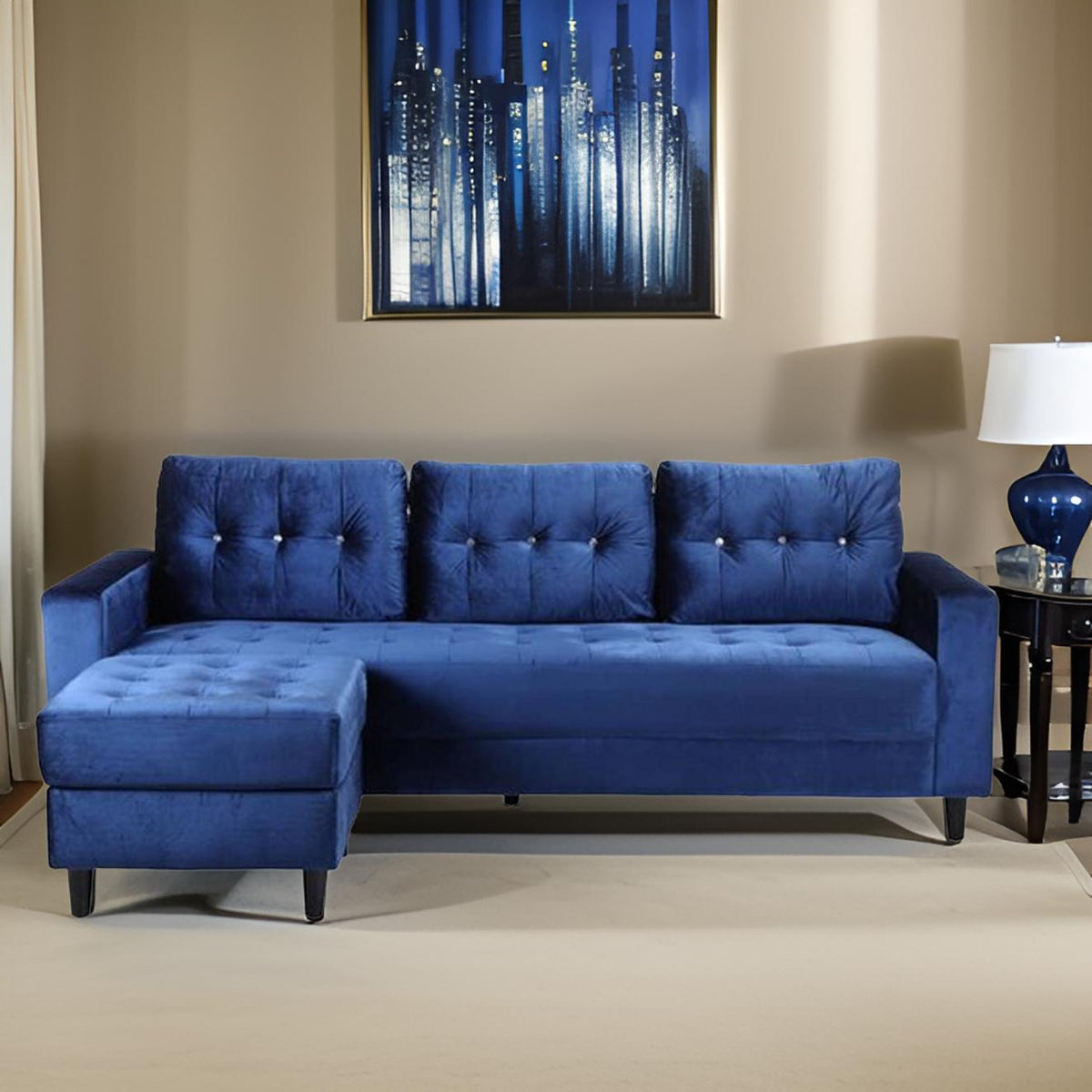 E-Furniture | Azure Serenity Sectional, Chaise Left, Tufted Blue