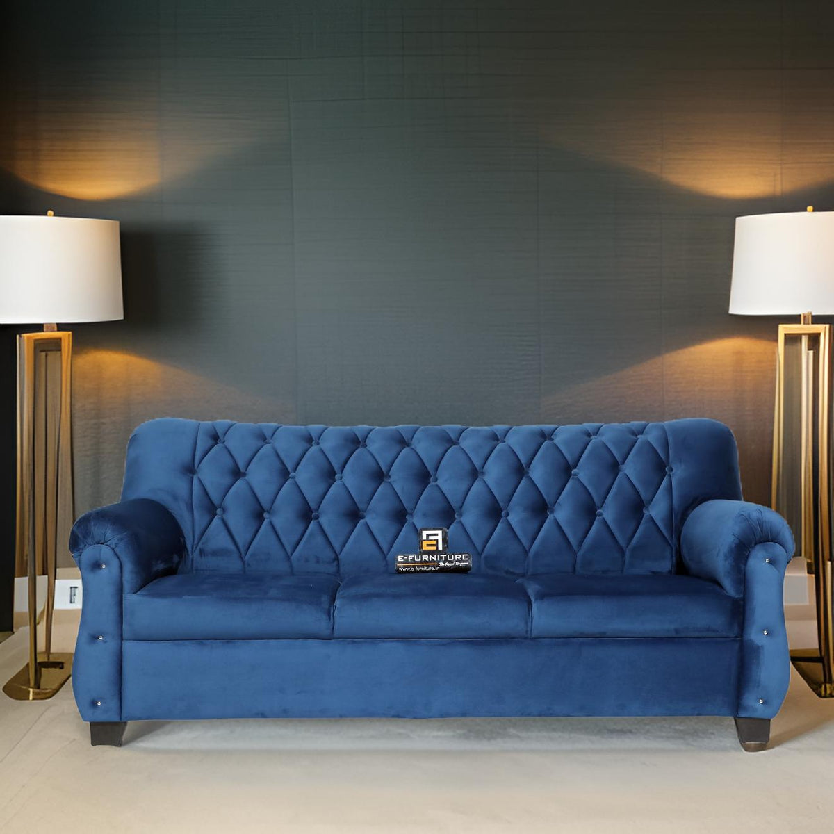 E-Furniture | Majestic Noir Chesterfield Upholstered Two-Seater Sofa, Onyx Blue