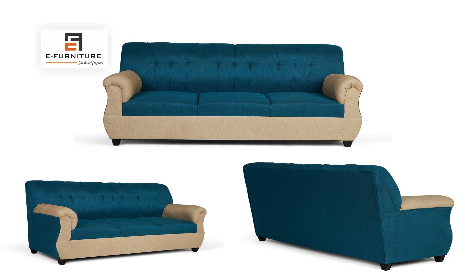 E-Furniture | Azure Reflection 3+1+1 Seater, Oceanic Blue & Soft Beige