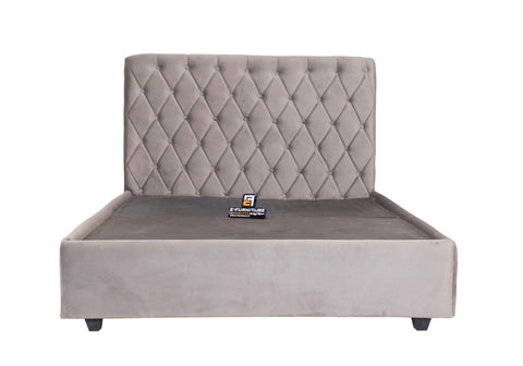 E- Furniture | johnny Upholstered Teak Queen size Bed without Storage, Grey Color - E-FURNITURE