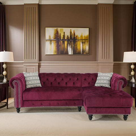 E-Furniture | Royale Maroon Chaise Sectional, Opulent, Burgundy Velvet