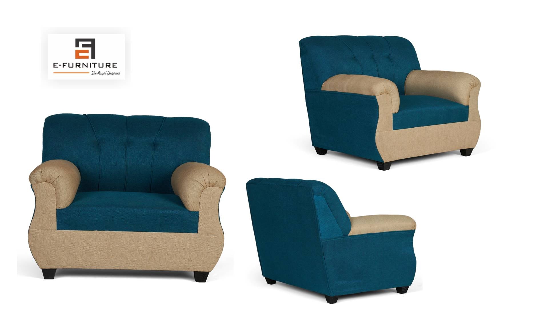 E-Furniture | Azure Reflection 3+1+1 Seater, Oceanic Blue & Soft Beige