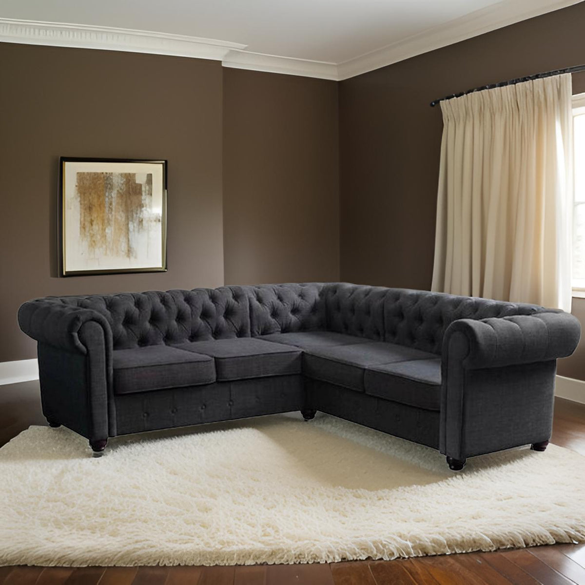 E-Furniture | Chesterfield Elegance L-Shaped Sectional, Chaise Left, Velvet Black