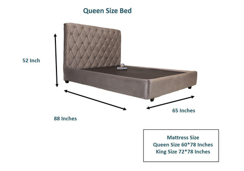 E- Furniture | johnny Upholstered Teak Queen size Bed without Storage, Grey Color - E-FURNITURE