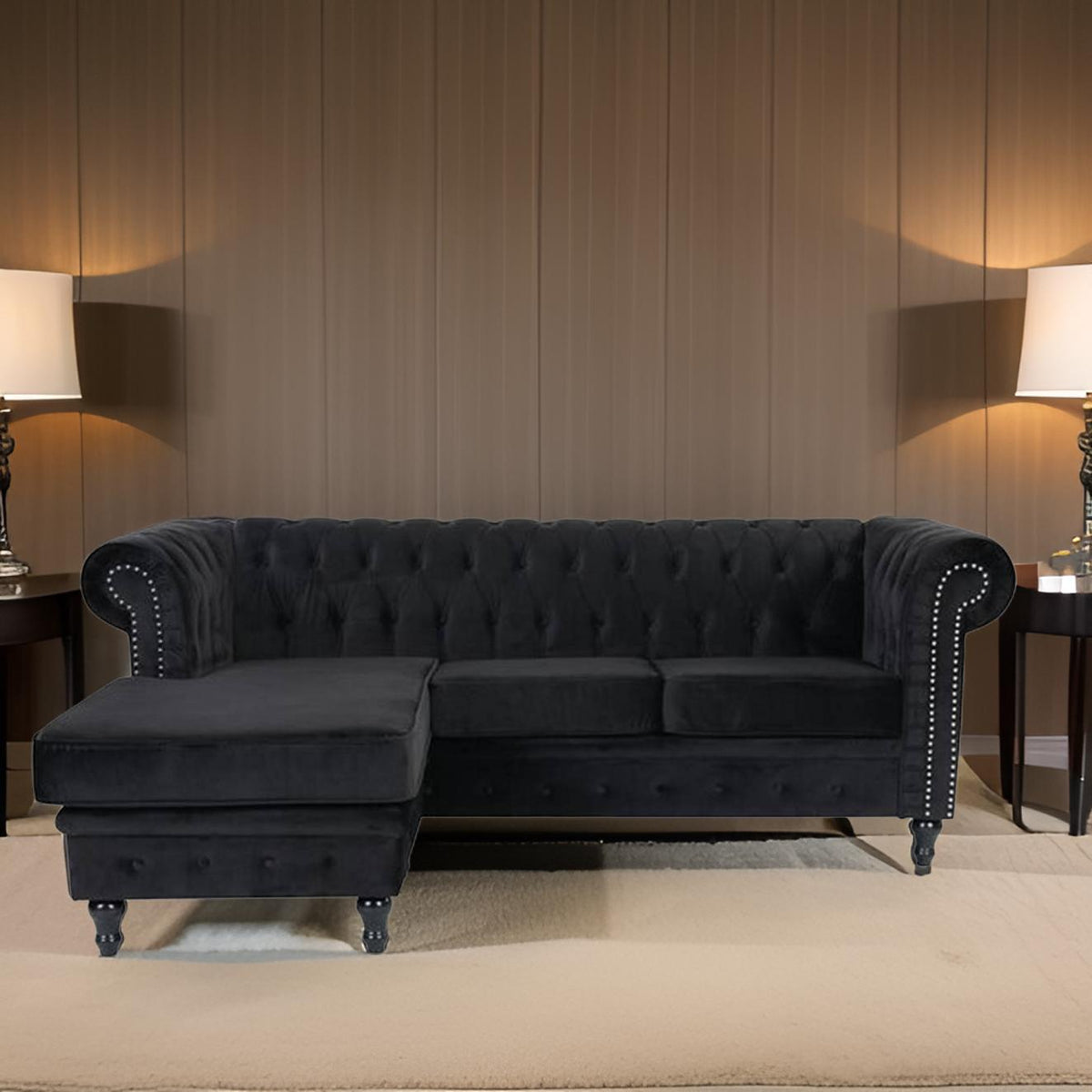 E-Furniture | Noir Elegance Chesterfield Sectional Sofa, Midnight Black