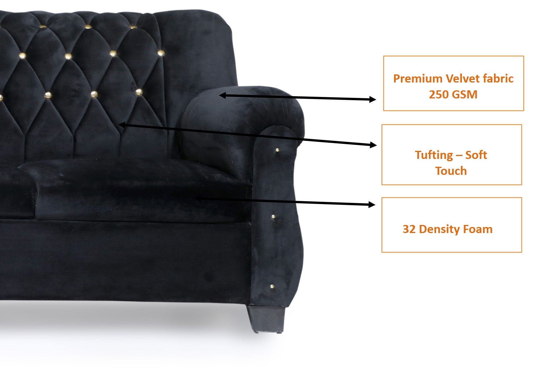 E-Furniture | Majestic Noir Chesterfield Upholstered Two-Seater Sofa, Onyx Black