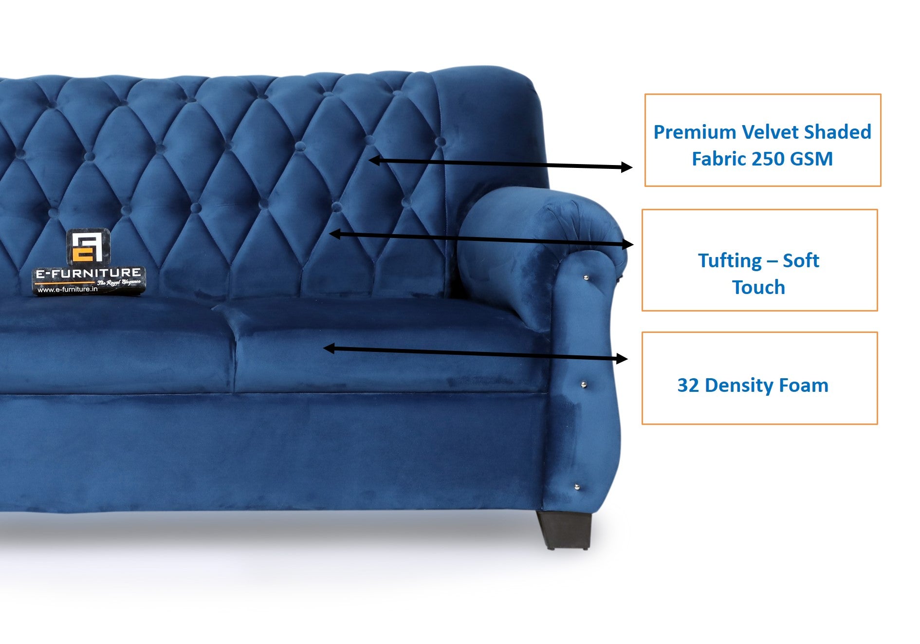 E-Furniture | Majestic Noir Chesterfield Upholstered Two-Seater Sofa, Onyx Blue