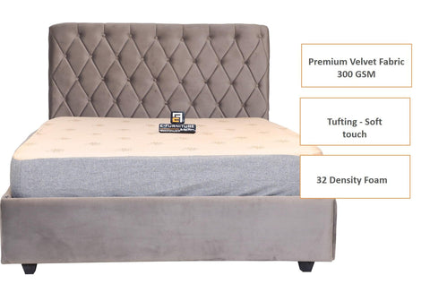 E- Furniture | johnny Upholstered Teak Queen size Bed without Storage, Grey Color - E-FURNITURE