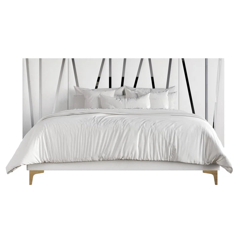 E-Furniture White Upholstered Bed with Golden Stripes – Luxury Fabric Platform Bed Frame | Perfect for Adobe Creative Space