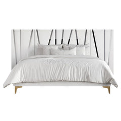 E-Furniture White Upholstered Bed with Golden Stripes – Luxury Fabric Platform Bed Frame | Perfect for Adobe Creative Space