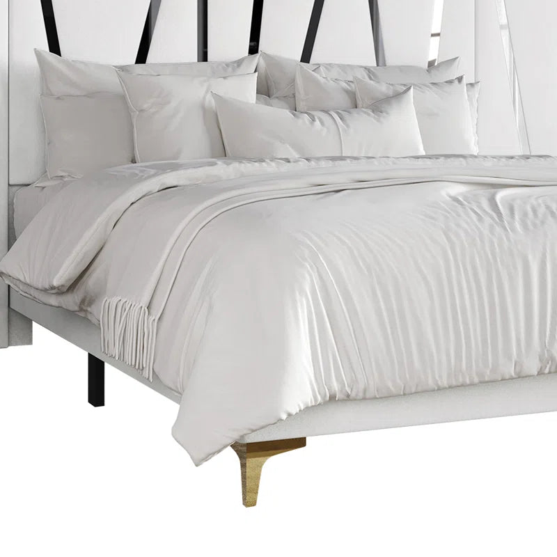 E-Furniture White Upholstered Bed with Golden Stripes – Luxury Fabric Platform Bed Frame | Perfect for Adobe Creative Space